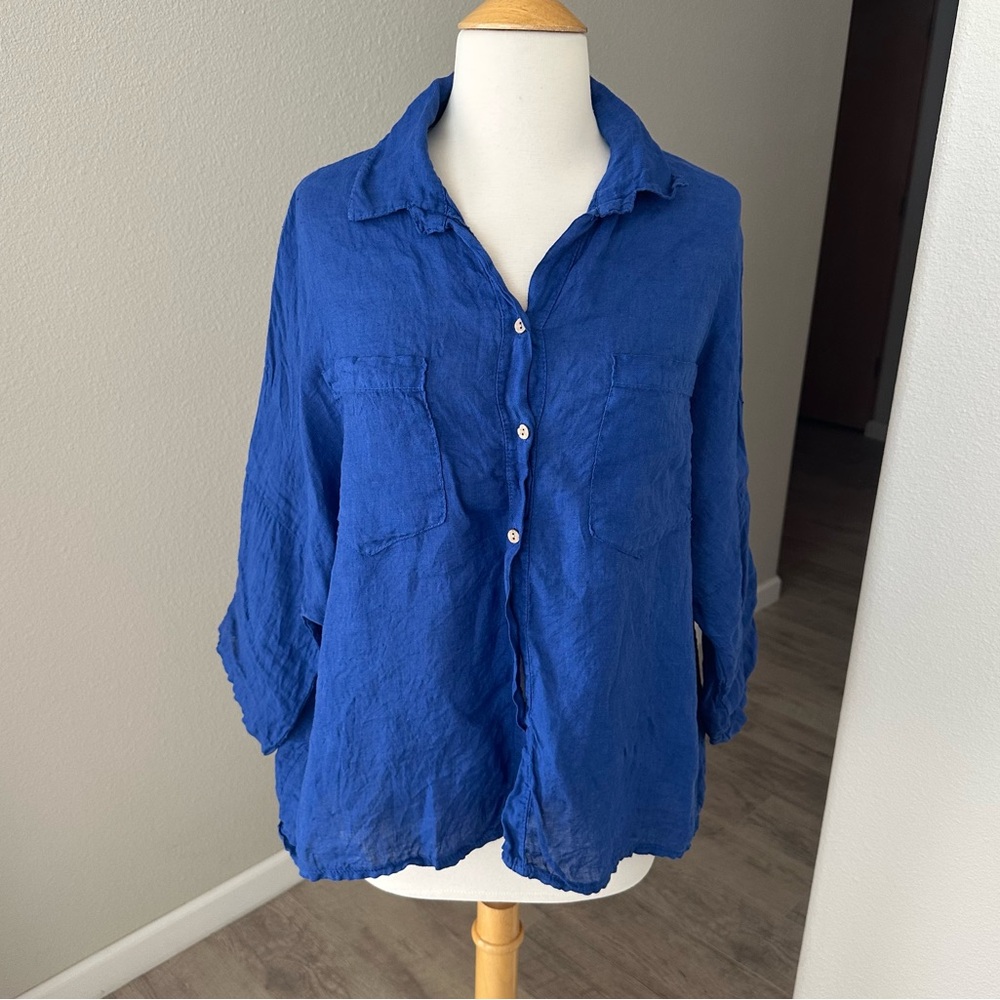 100% Lightweight Linen 3/4 Sleeve Button Down Blouse